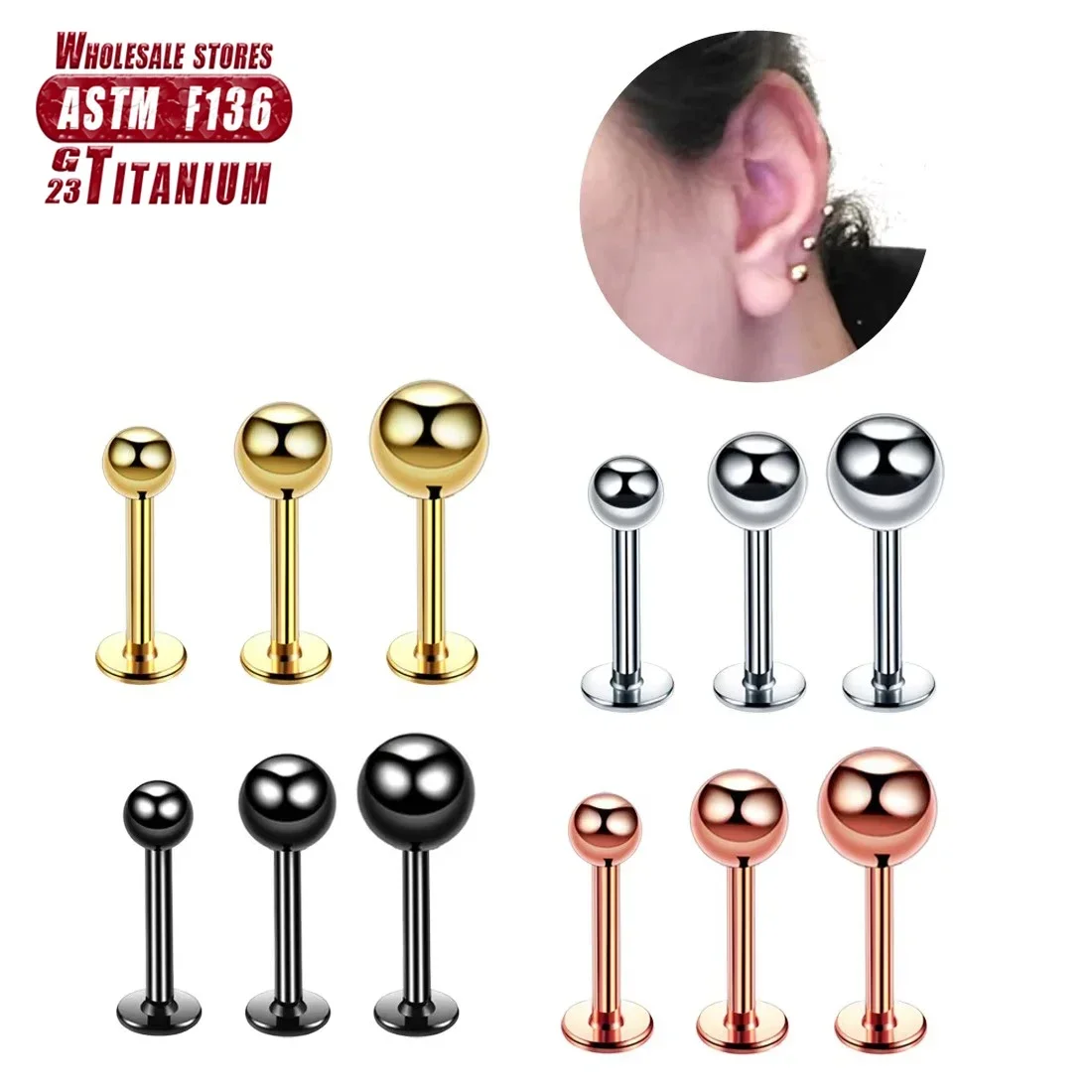 F136 Titanium Helix Piercing 3-5mm Bead Lip Stud Cartilage Tragus Hinged Section 16G Septum Earrings Clicker Labret Body Jewelry