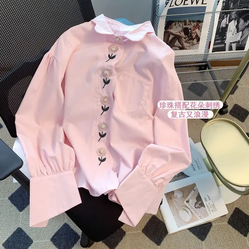 2024 Spring Autumn New Fashionable Embroidered Turn-down Collar Long Sleeve Blouse Female Sweet Buttons Shirts Women Clothing