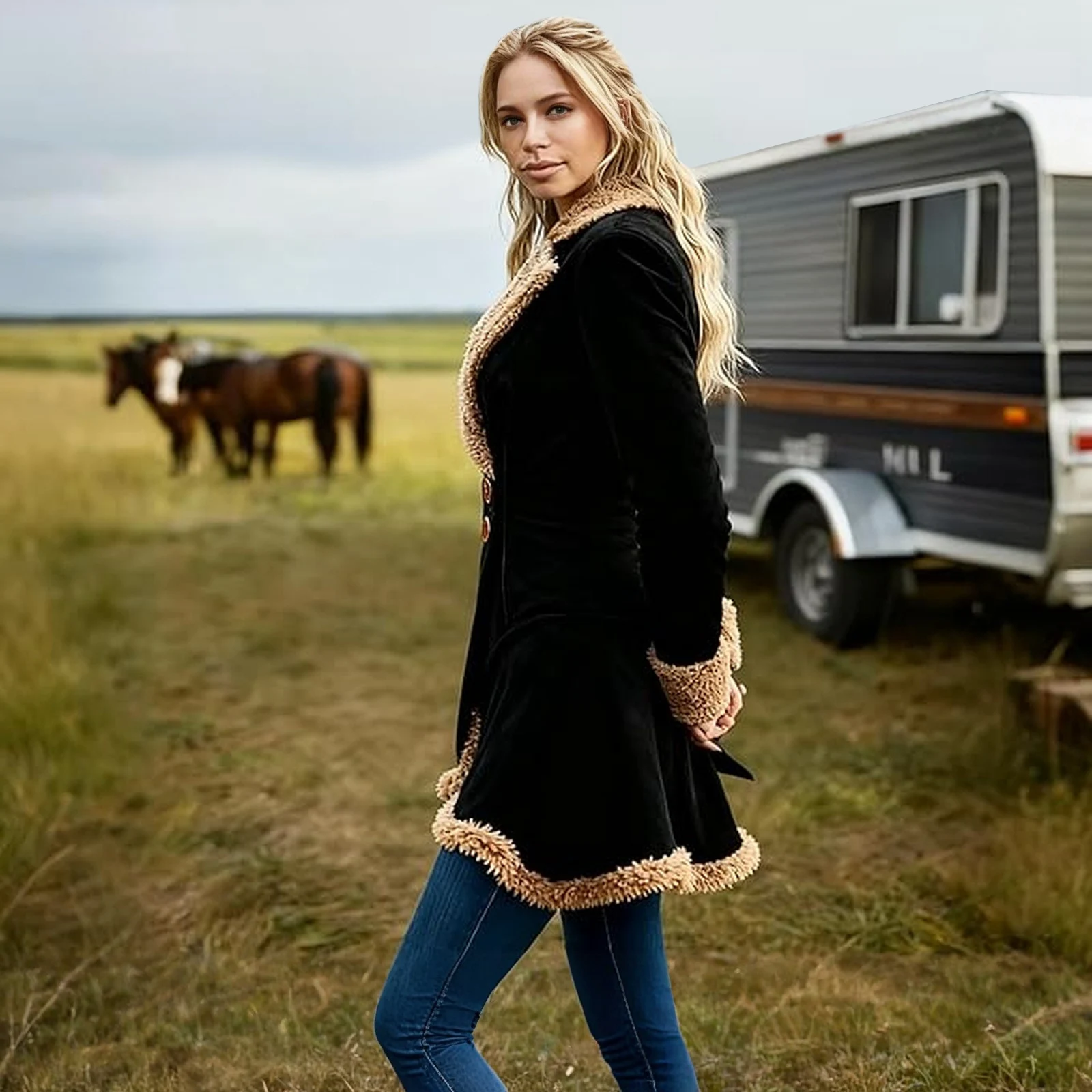 Dámská džínová westernová retro větrovka, plyšová módní teplá a plyšová bunda, zimní venkovní teplý kabát, dámský kabát - náhled 5