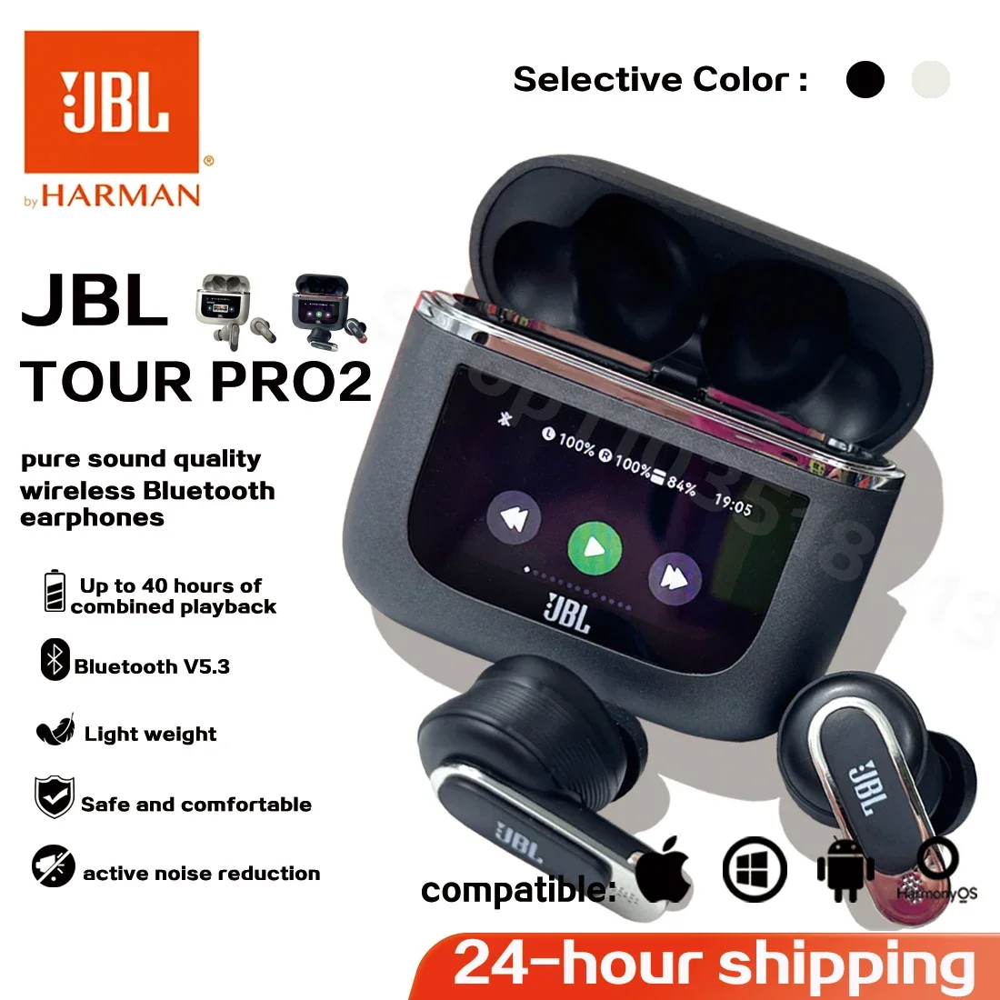 Oryginalne bezprzewodowe słuchawki Bluetooth JBL Tour PRO 2, słuchawki stereo, słuchawki sportowe z inteligentnym ekranem LCD, wersja HK