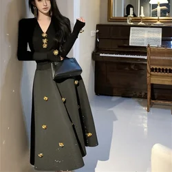 Elegant Women's Black Two-piece Sets 3D Gold Appliques Flower V-neckT-shirt Top and A-line Umbrella Skirt Suits Matching Outfits