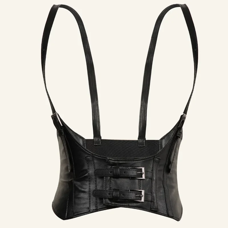 Women Wide Belt Vintage Gothic PU Leather Underbust Corset Crop Top Solid Color Adjustable Vest Waist Belt Double Buckle Cincher