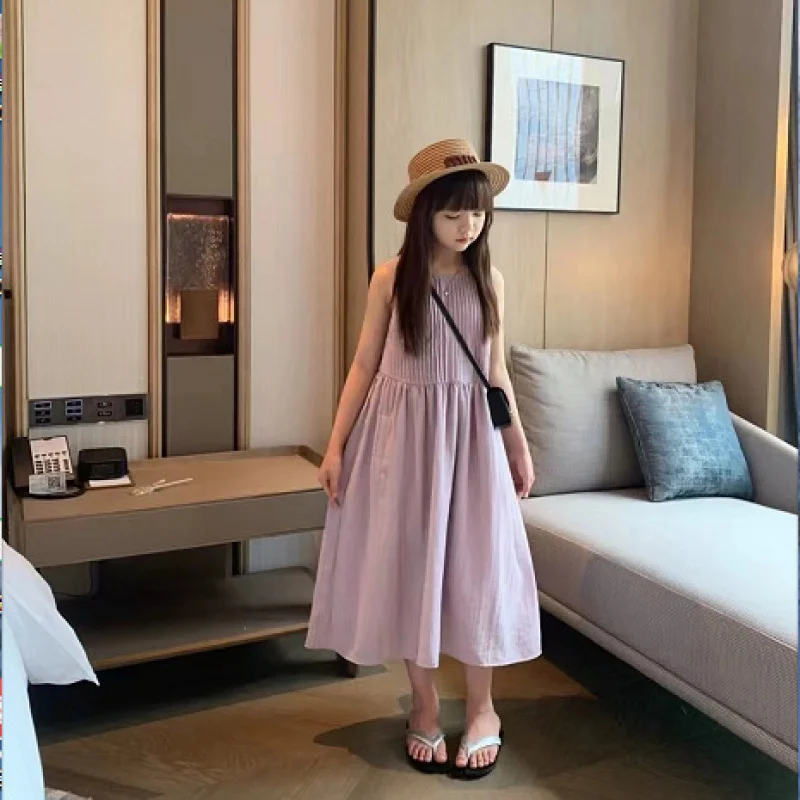 

Girls' Purple Dress Summer New Fashion Breathable Sleeveless Tank Dress Vacation