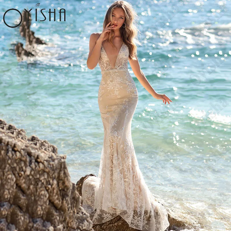 Oyisha Deep v-neck Tulle abiti da sposa Backless Lace Appliques abiti da sposa senza maniche senza spalline Robe Mariée Custom Made Abiti da sposa in tulle con profondo scollo a V, senza spalline e con applicazioni in