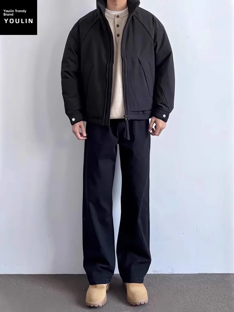 

High Waist Thickened Fleece Lined Slim Fit Bell Bottoms Men's Denim Jeans Black Vibe American Style Straight Leg Casual Trousers