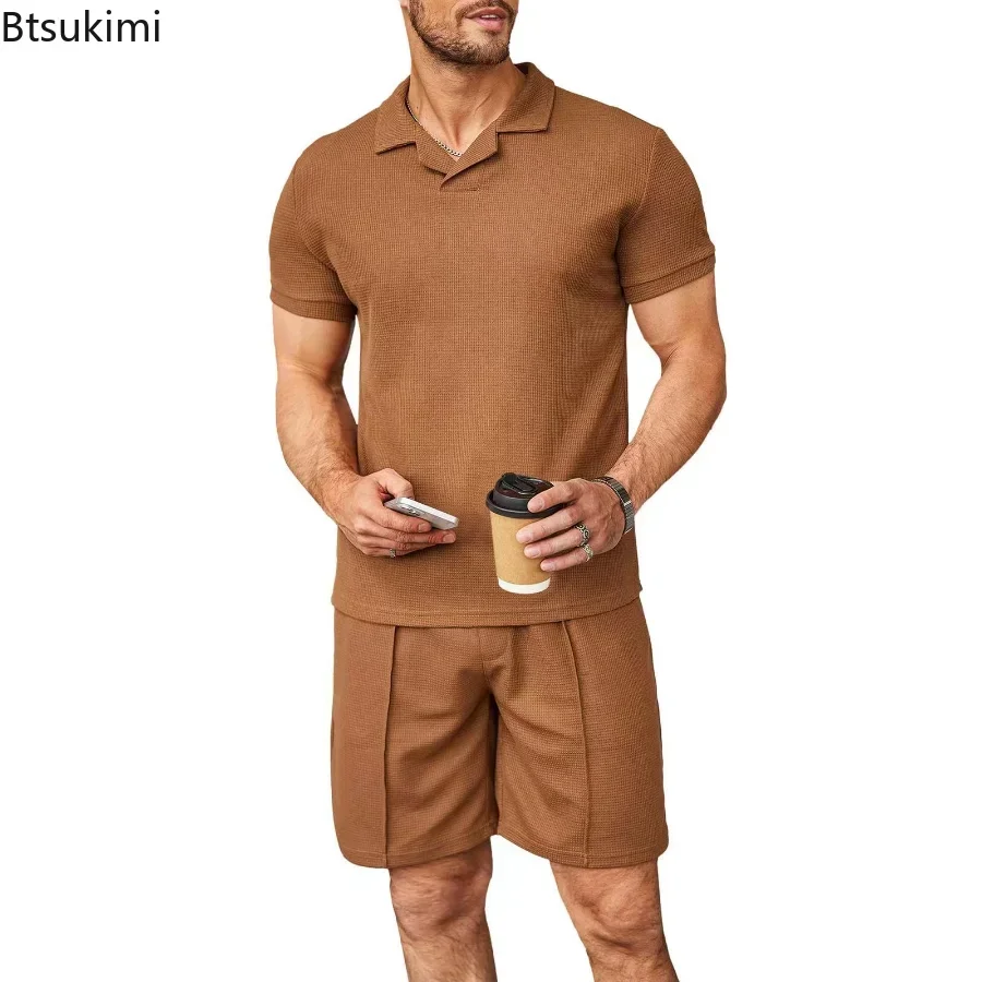 2025 Men's Summer Casual Short Sleeve Shirts and Shorts Sets Waffle V-neck Polo Shirt Lapel Cool 2PCS Sets Male Solid Suit Sets