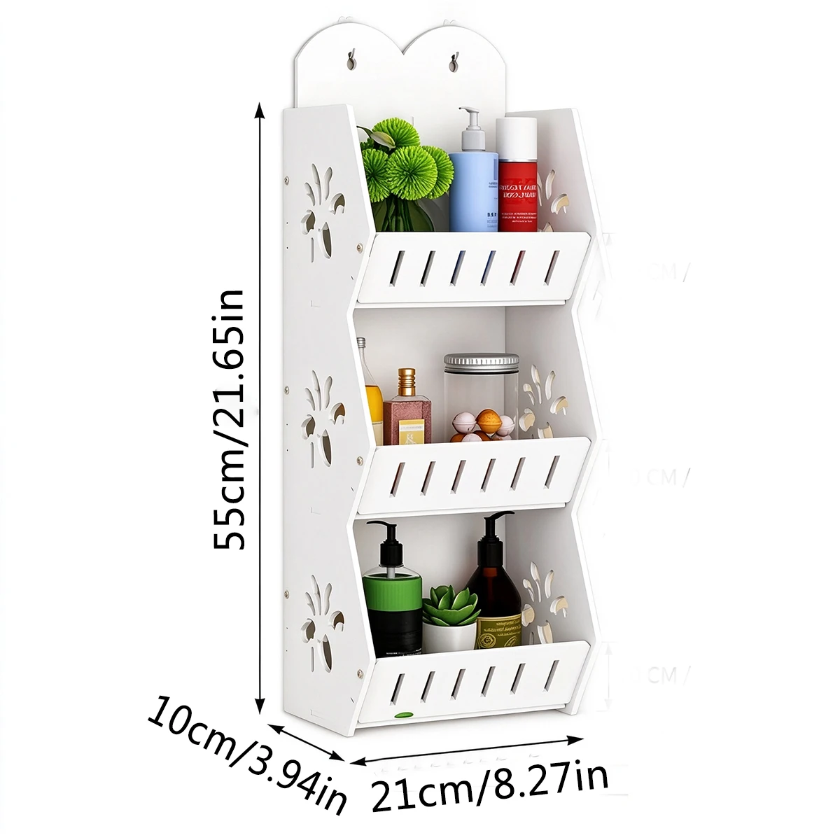 3-Tier Bathroom Wall Mounted Storage Shelf, No Drilling Organizer Rack with Hollow Design for Shampoo, Body Wash, Skincare and S