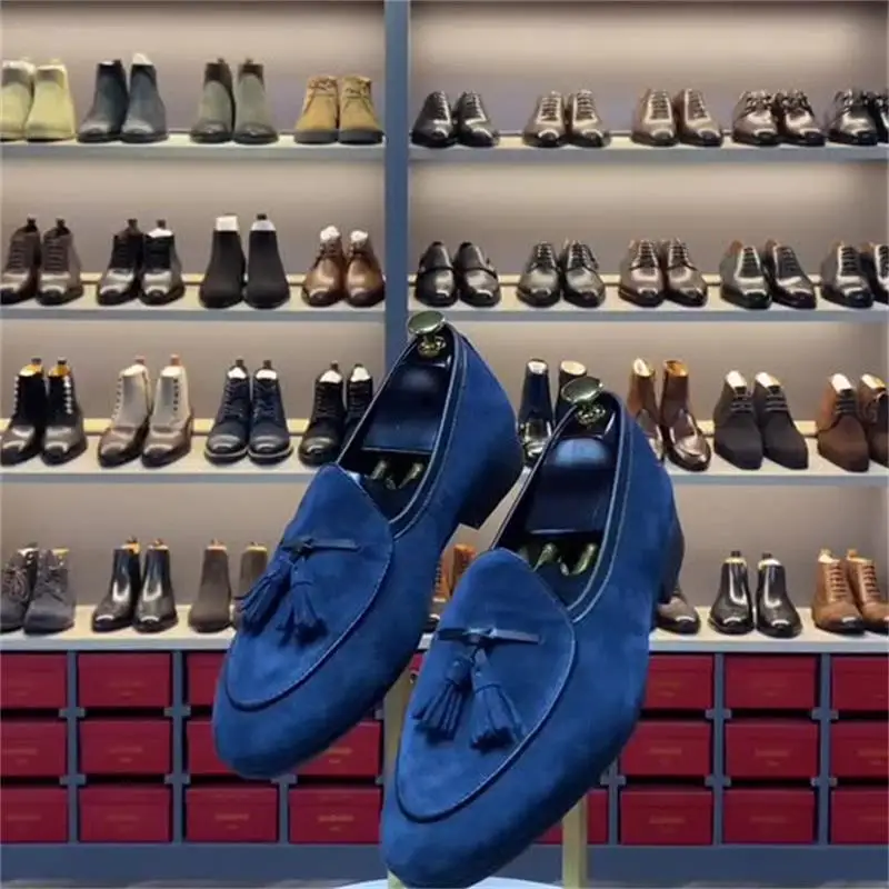 

Grey Cow Suede Men Loafers Genuine Leather Slip on Flat Casual Shoes Solid Tassel Office Wedding Party Dress Brown Shoes for Men