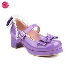 Patent Leather Women Lolita Shoes Platform Mary Janes Gothic Ankle Strap Round Toe Chunky Heel Uniform Dress Pumps Lace Bow