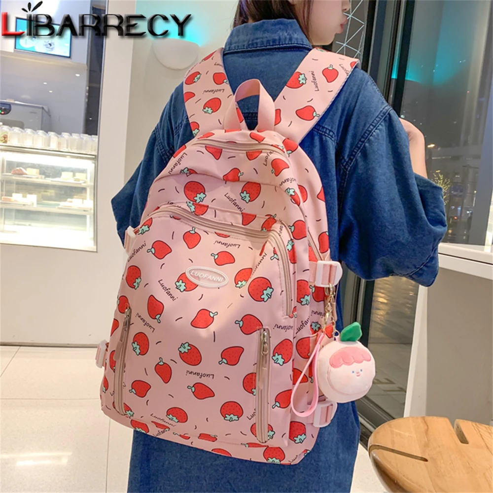 Girl Strawberry Floral Travel Book Backpack Women Trendy Print School Bag Female Laptop College Backpack Fashion Lady Kawaii Bag