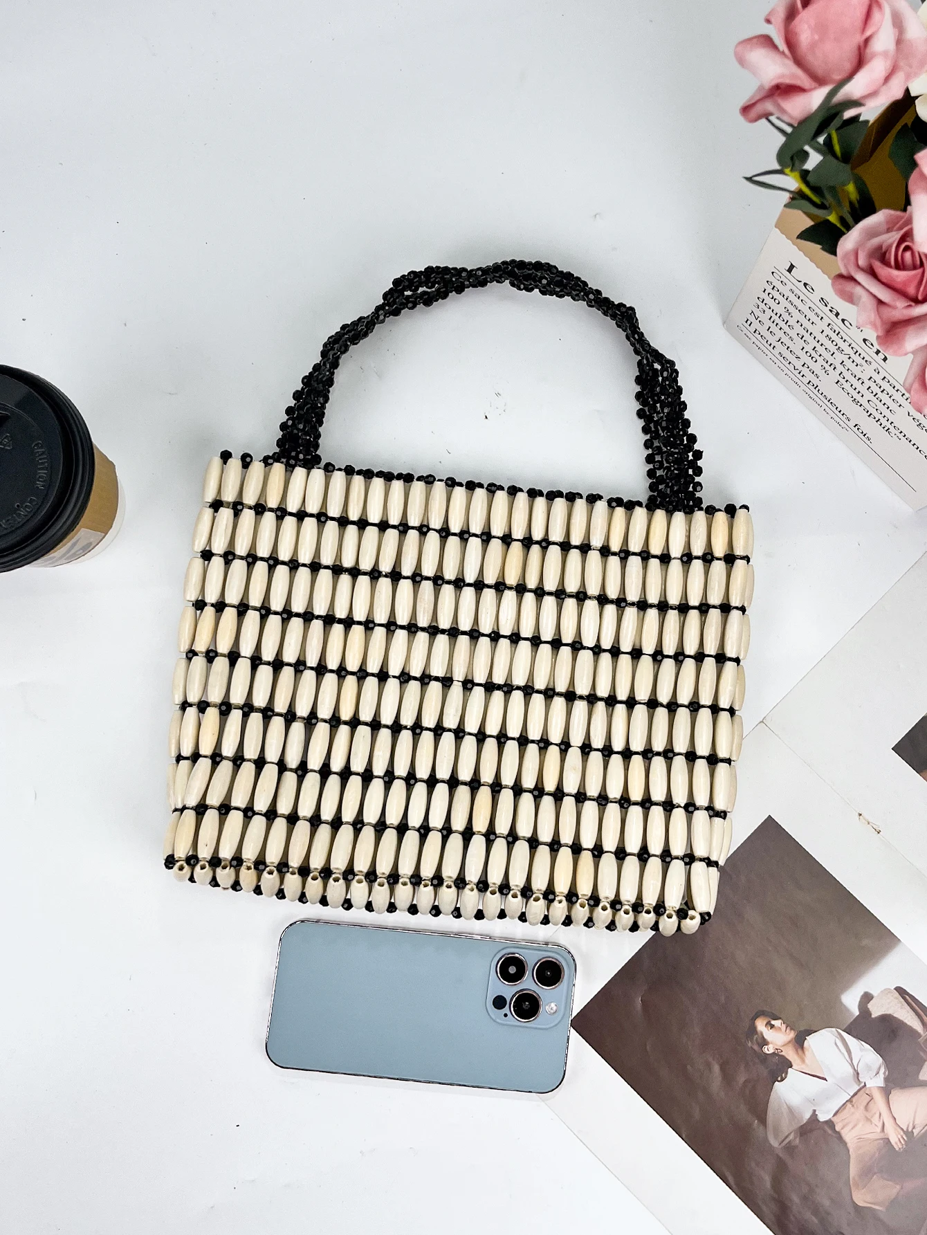 Rice white black border bead tote bag, summer hand woven hollow wooden bead hand-held vacation beach bag, contrasting color shou