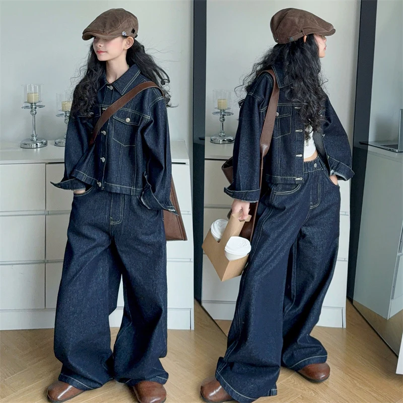 

Осенний ковбойский костюм для девочек-подростков, синяя джинсовая куртка в стиле ретро + широкие джинсы, комплект из 2 предметов, пальто для маленьких детей, штаны, детская одежда, От 4 до 14 лет