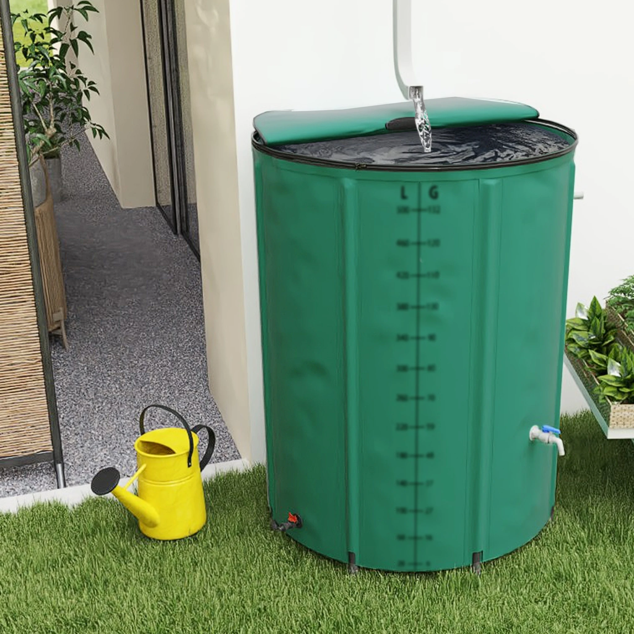 Baril à eau de pluie pliable avec couvercle et robinet – Réservoir d'eau de pluie en PVC imperméable, collecteur d'eau de pluie résistant aux UV, conteneur de stockage vert pour jardin, balcon et camping