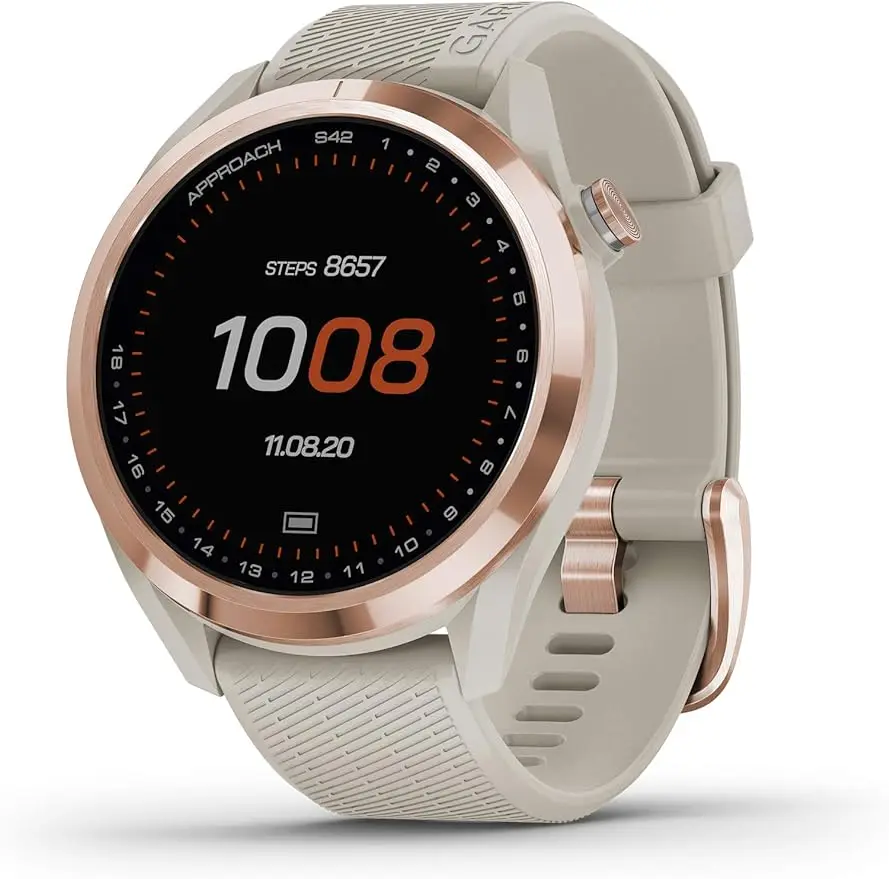 

Garmin Approach S42, GPS Golf Smartwatch, 1.2" Touchscreen,42k+ Preloaded Courses, Rose Gold Ceramic Bezel and Tan Silicone Band