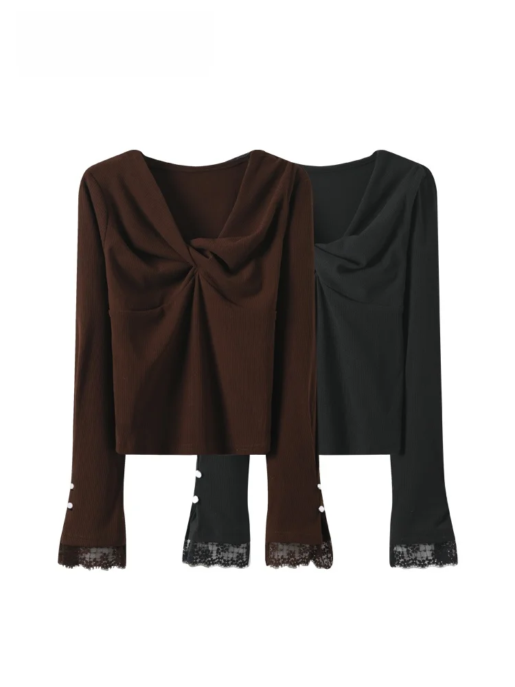 

plus Size Women's Long Sve V-Ne Lace Splicing Base irt Autumn Winter New Sle Thiened Polyester Inner Wear T-irt