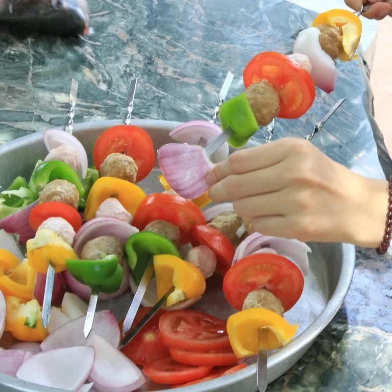 Szaszłyki do grilla wielokrotnego użytku Szaszłyki ze stali nierdzewnej Shish Kebab BBQ Camping Płaskie widelce Gadżety Akcesoria kuchenne Narzędzia — zdjęcie 3