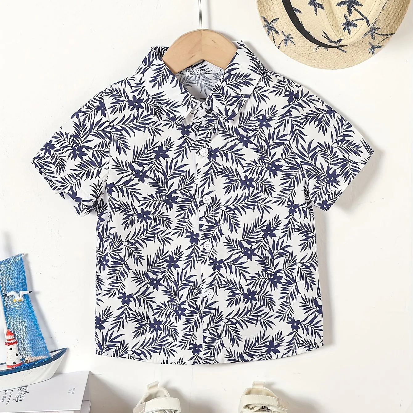 Camisa de solapa de manga corta para niños, Tops de verano con estampado Floral y hojas, estilo fiesta hawaiana, vacaciones de verano