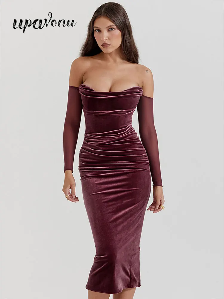 

Sexy Women Velvet Dress One line Neck Card Shoulder sheer Sleeve Design Bodycon Draped Midi Dress Cocktail Evening Party Vestido