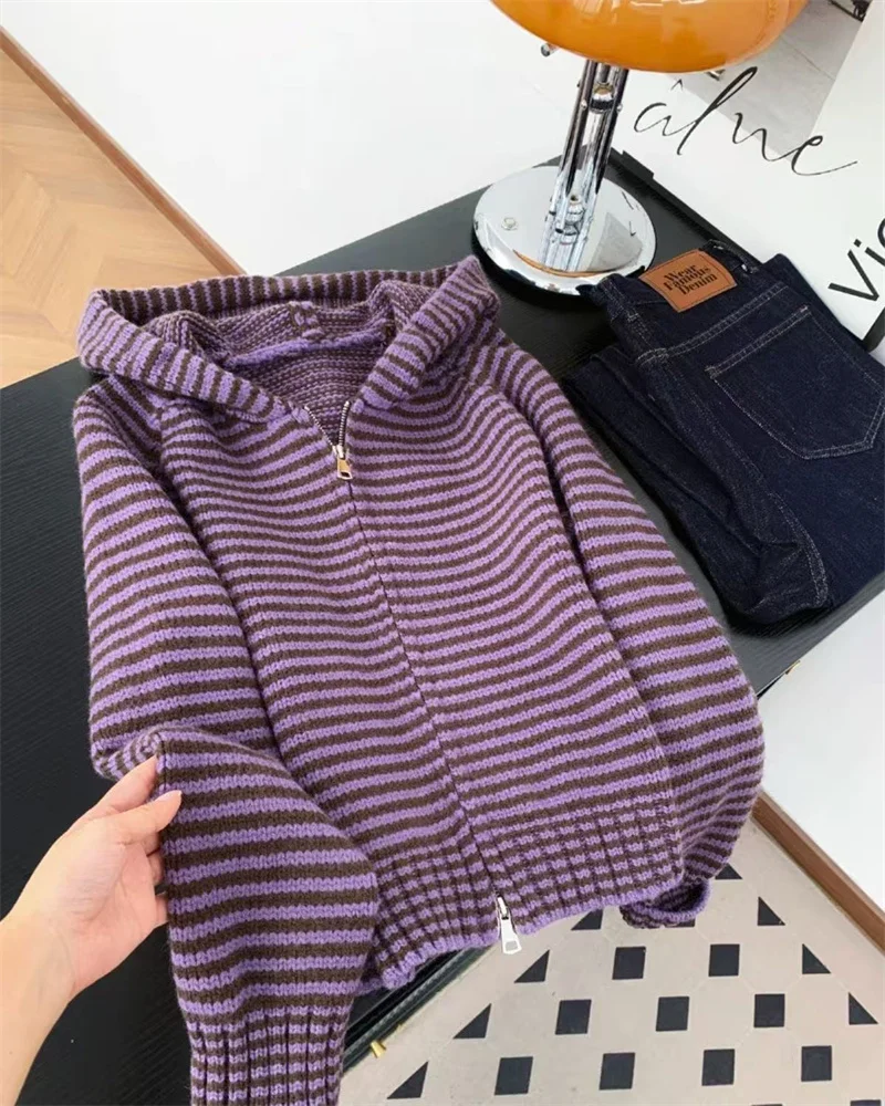 

Ladies New Contrast Striped Hooded Knit Cardigan Women's Autumn and Winter Loose Casual Joker Zipper Ladies Soft Sweater Coat