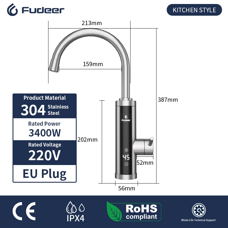 Fudeer 3400W 220V 전기 주방 온수기 탭 인스턴트 핫 스테인레스 스틸 수도꼭지 히터 냉난방 수도꼭지