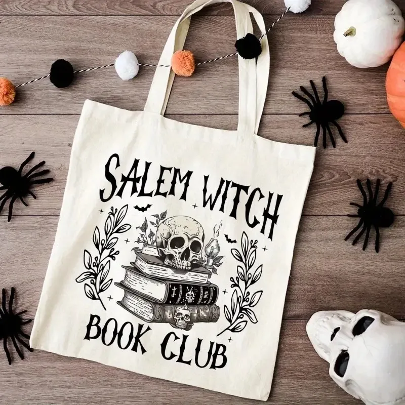 Retro Salem Witch Book Club with Skull & Book Shoulder Bag Halloween Tote Bag for Shopping Spooky Gothic Style Halloween Gift