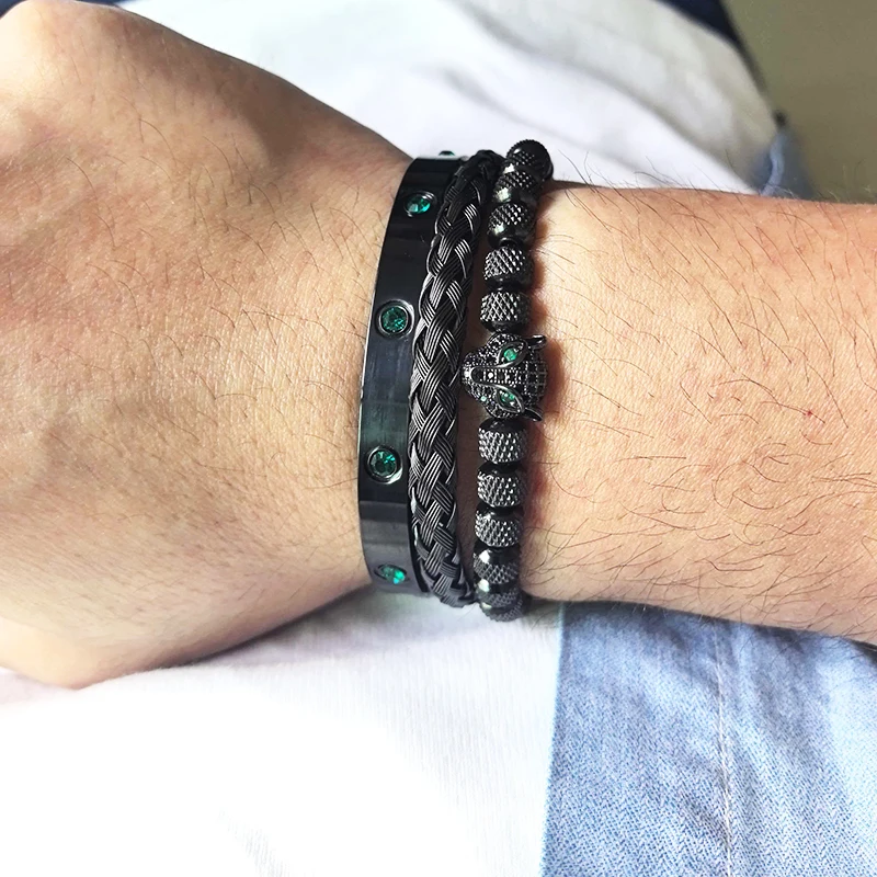 Luxury Set Green Eye Leopard Head Charm Handmade Man Bracelet Crystals Women Stainless Steel Bangles Jewelry