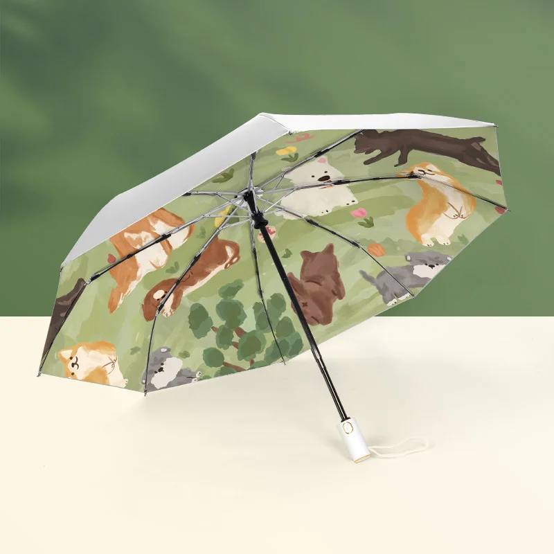 Cartoon Animal Fully Manual Automatic Five Fold Tri-fold Cute Dog Puppy Umbrella Vinyl Parasol Sun Umbrella Rain or Rain