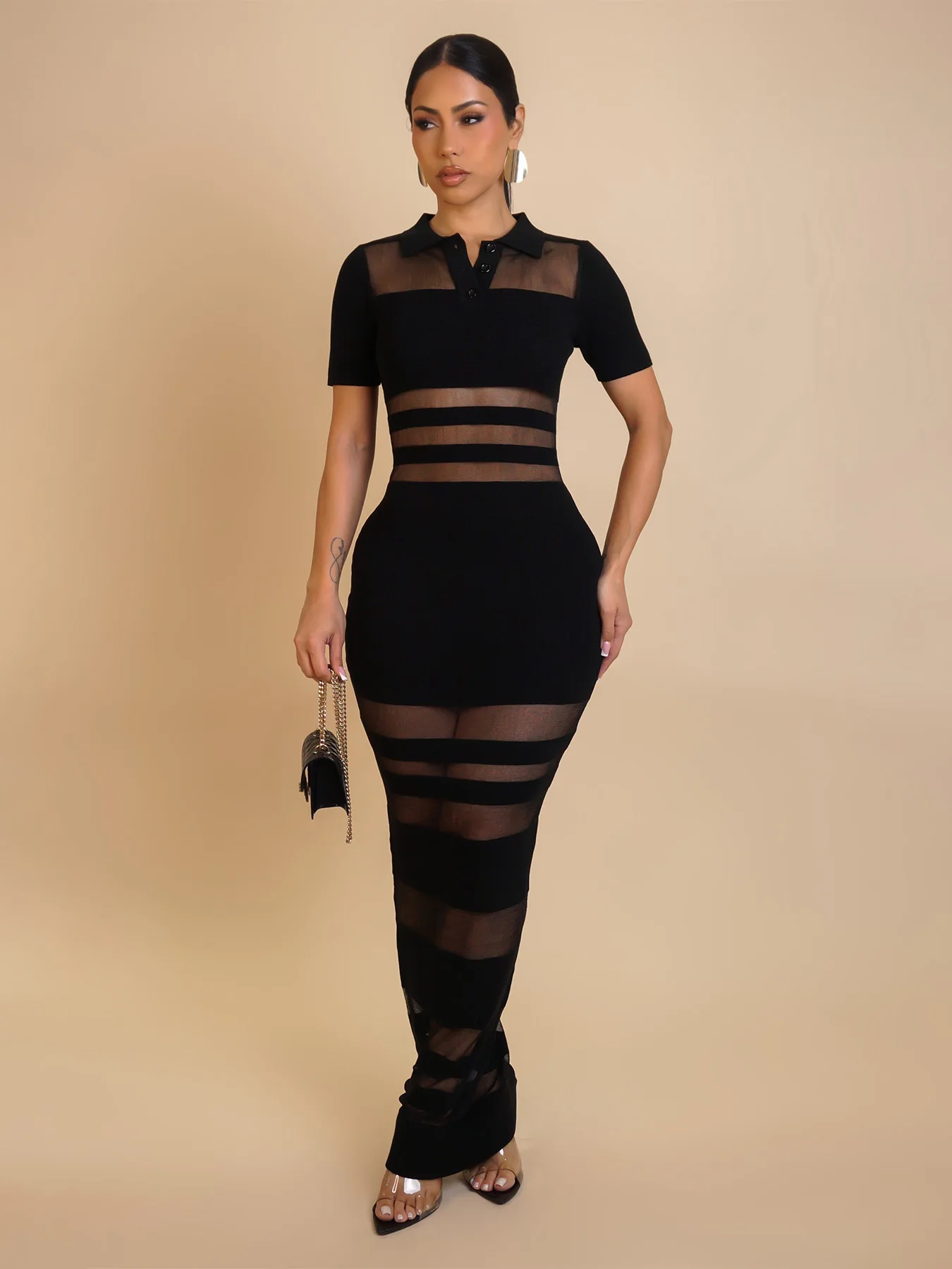 ผู้หญิง SHEER ตาข่าย Patchwork Bodycon Maxi ชุดแฟชั่นโปโลคอสั้นแขนยาว Slim Casual Streetwear เสื้อคลุมยาว Vestidos