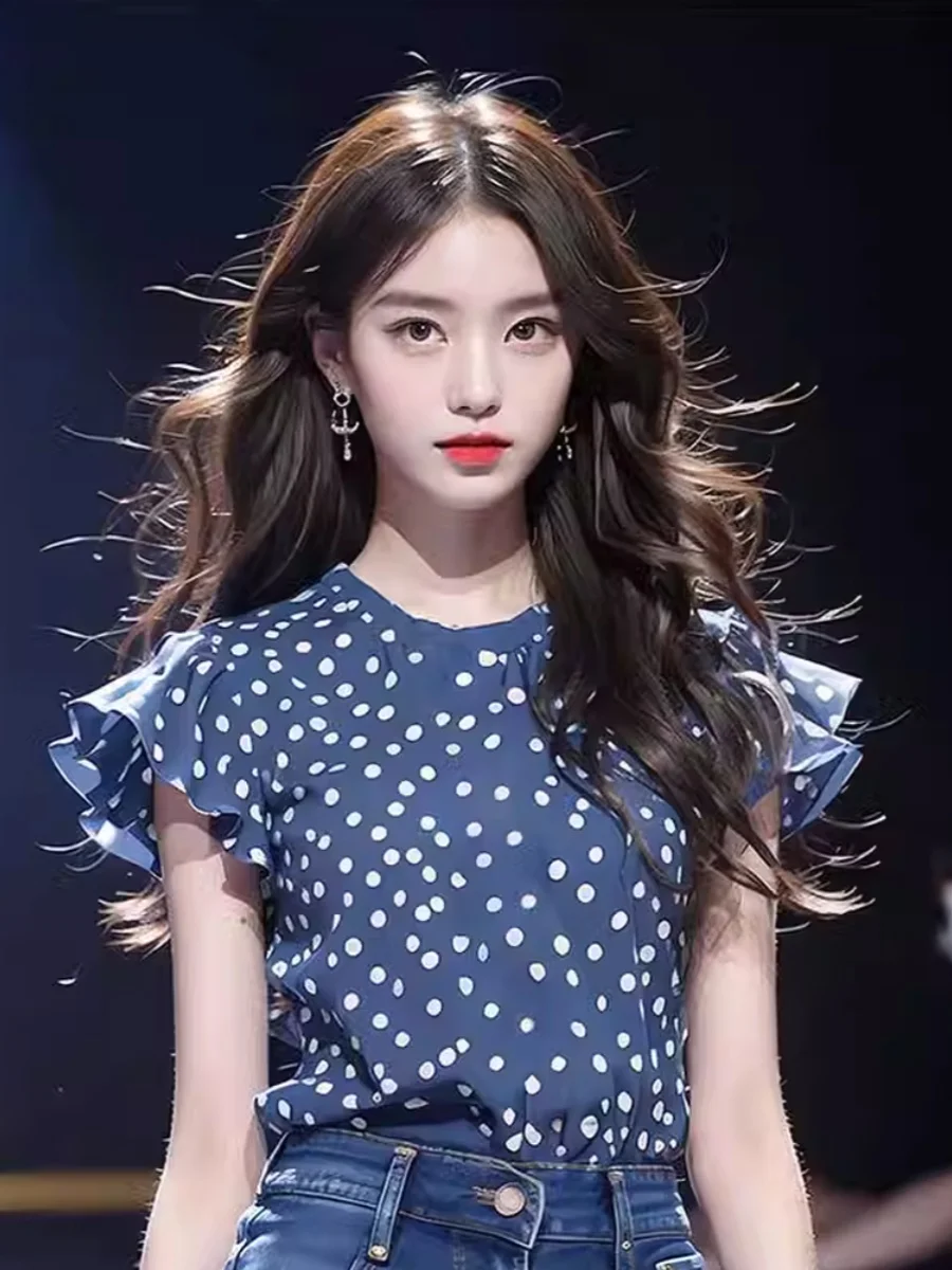   Polka Dot irt Mujer Verano Faionable Svel Ele Azul Estampado Floral Top Coreano Sle Slim Fit Ropa Casual