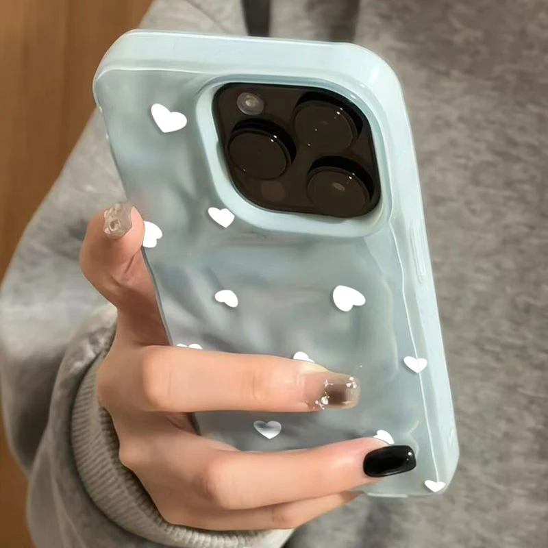 

Cute Love Heart Phone Case For iPhone 16 15 14 Pro 13 12 11 Pro Max iPhone 16 Plus Folds Texture Shockproof Soft Silicone Cover