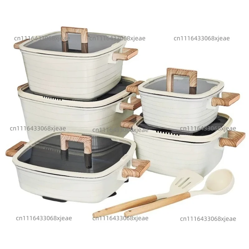 15 Piece Die Cast Aluminum Cookware Set, Non Stick Square Pots And Pans Induction Ready With Lids Utensils