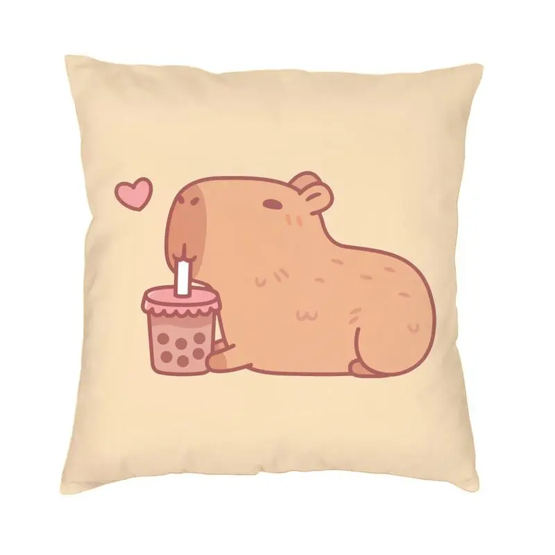 Cute Capybara Chilling With Bubble Tea Cushion Cover 45x45cm Decoration Print Throw Pillow for Living Room Double-sided