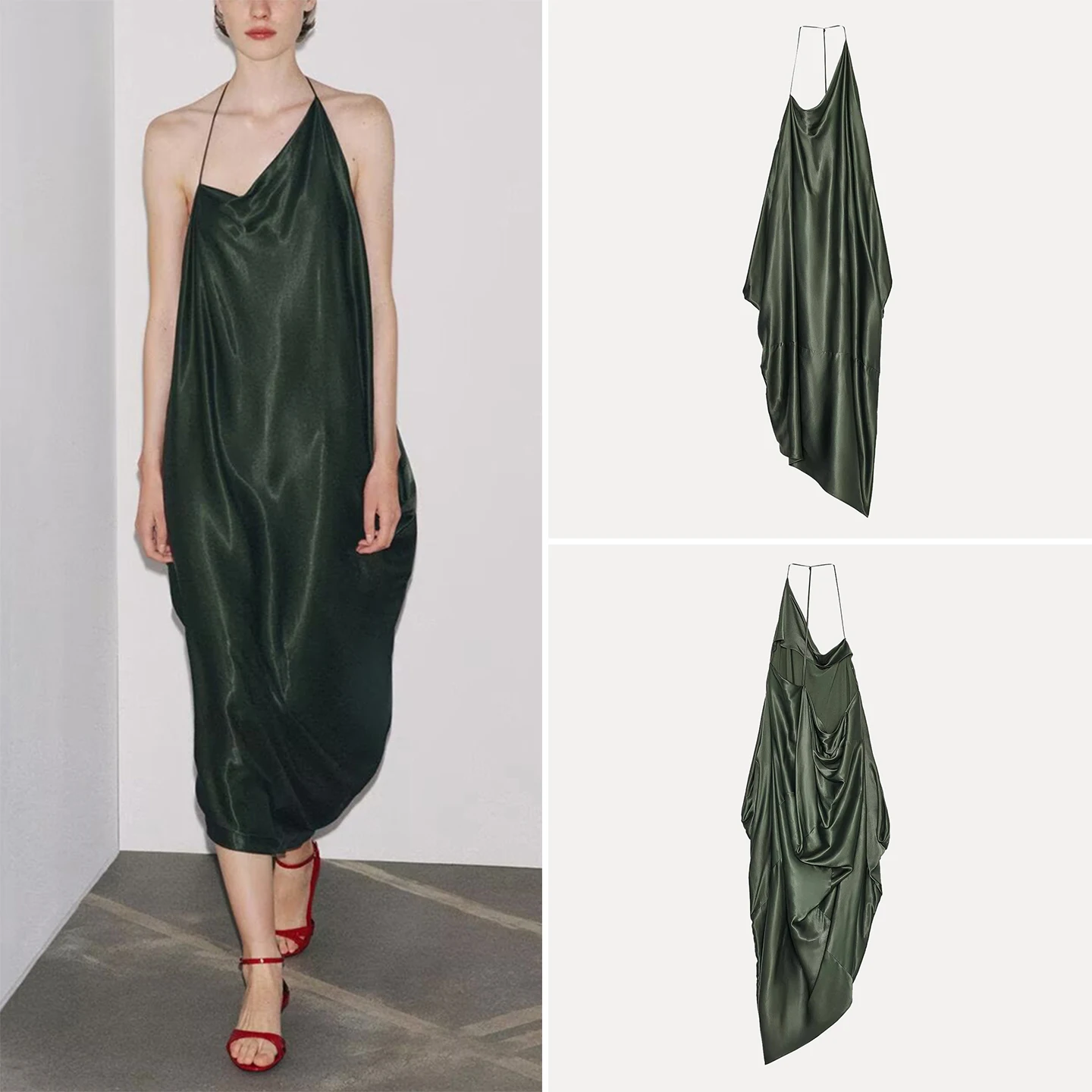 우아한 비대칭 실크 새틴 느낌 드레스 여름 2025 여성 패션 캐주얼 루즈핏 허리 폴리에스터 V넥 민소매 드레스