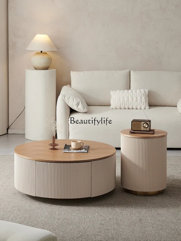 

French retro style small apartment solid wood round coffee table combination log color wabi sabi