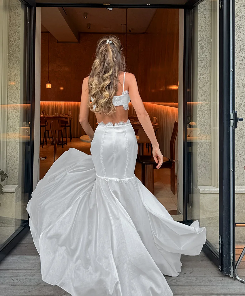 

Белый кружевной комплект из двух предметов: женский летний комплект с длинной юбкой-русалкой, сексуальный топ-бралетт без спинки, элегантный наряд для вечеринок и отпуска