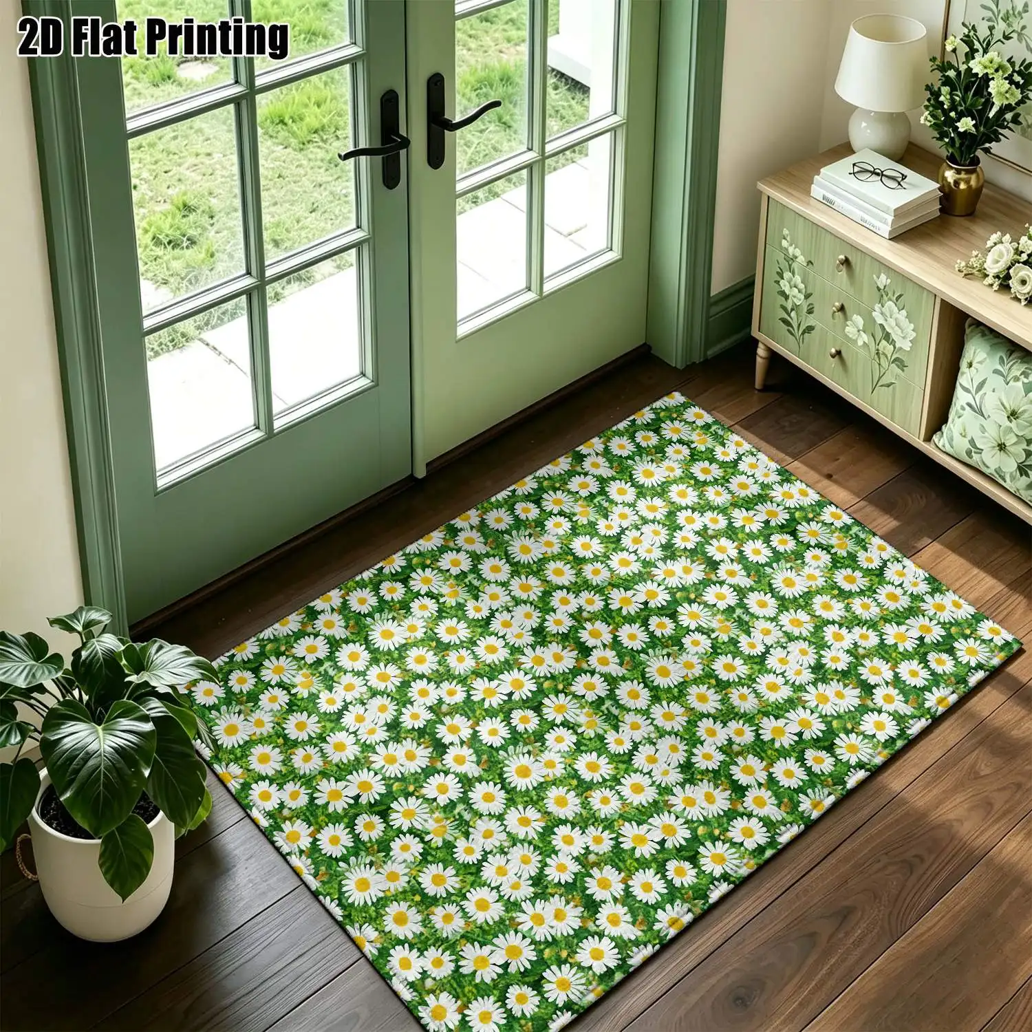1Pc 2D Printed Daisy Carpet: Nordic, Minimalist, Instagram-Style Floor Mat, Machine Washable, Multi-Size, Home Decor for Entrance, Dining, Bedroom, Living Room