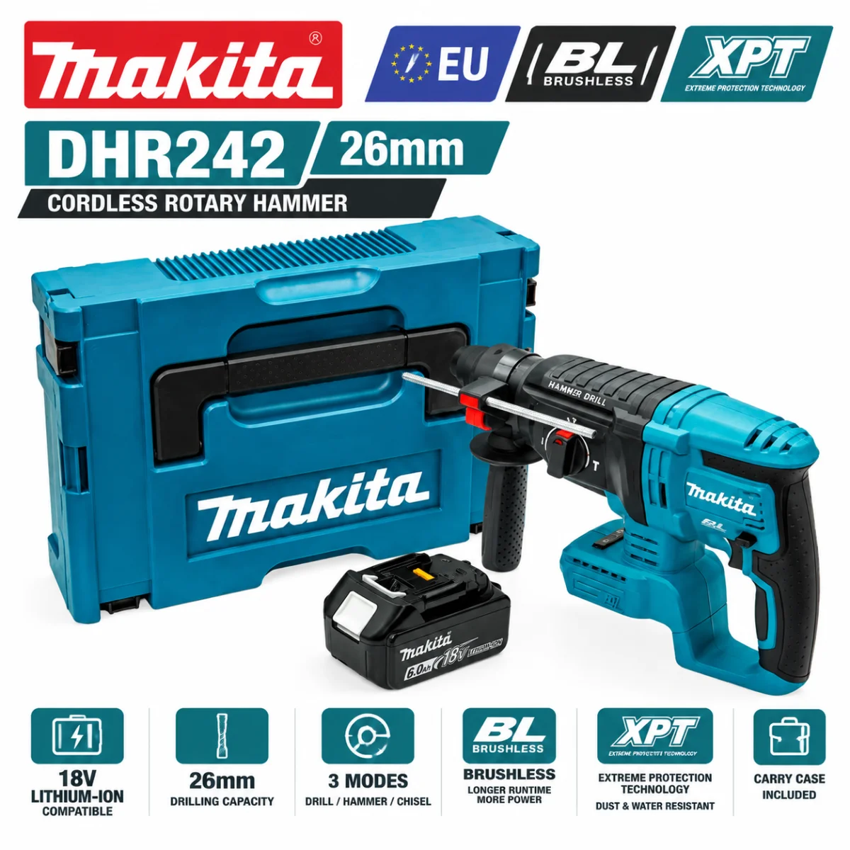 Martillo Rotatorio Inalámbrico SDS Plus Sin Escobillas Makita de 26 mm, Taladro Eléctrico Recargable LXT de 18 V, Compatible con Batería de