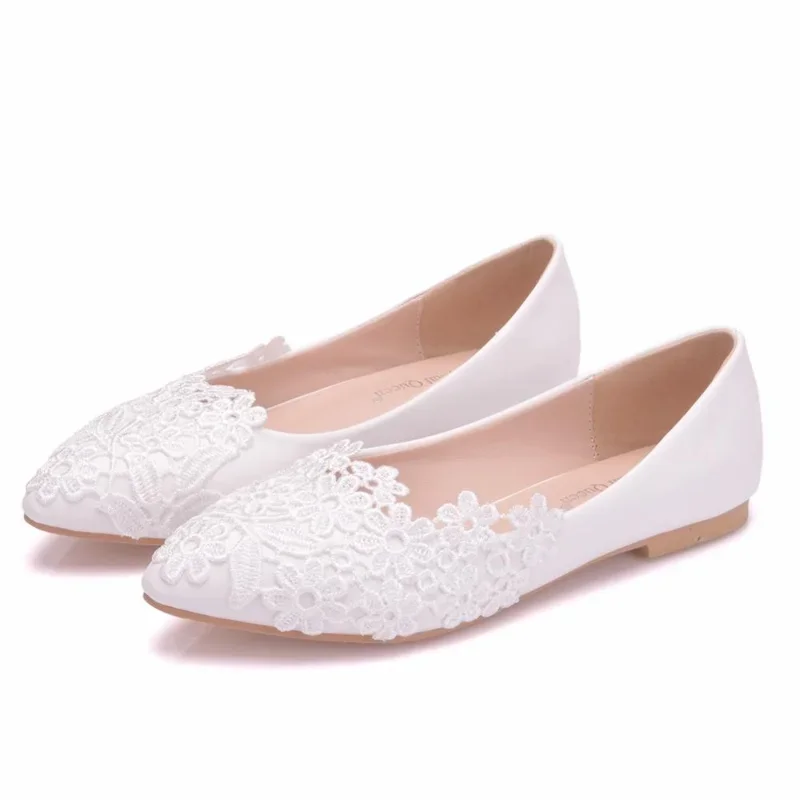 

Summer Ballet Flats White Lace Bride Wedding Shoes Flat Low Heel Casual Without Heels Women Dress Pumps Sweet Women Shoes