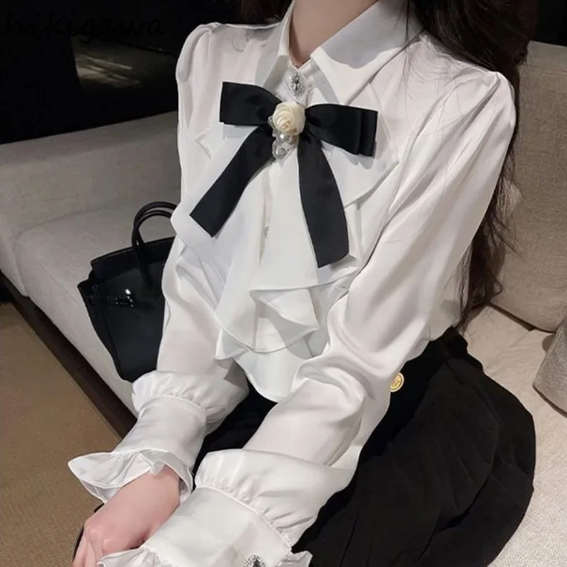 White Long Sleeve Blouse Women Vintage Loose Korean Ruffles Elegant Shirts Temperament Ladies Tops 2023 Blusas Mujer De Moda