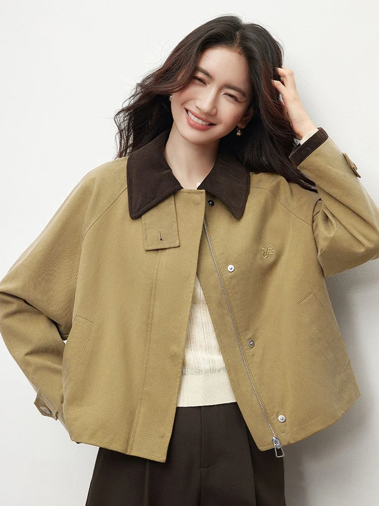 

Zoki Vintage Casual Khaki Jacket Women Long Sleeve Patchwork High Quality Coat Korean All Match Women Fall Winter Embroidery Top