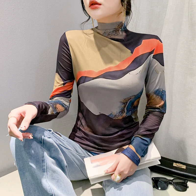 Czarny, koreański, styl, zima, koszulka, seksowny, golf, siateczka, druk pozycjonujący, kobiety, topy, długi rękaw, slim, koszulki, 2024, nowy, 4102807