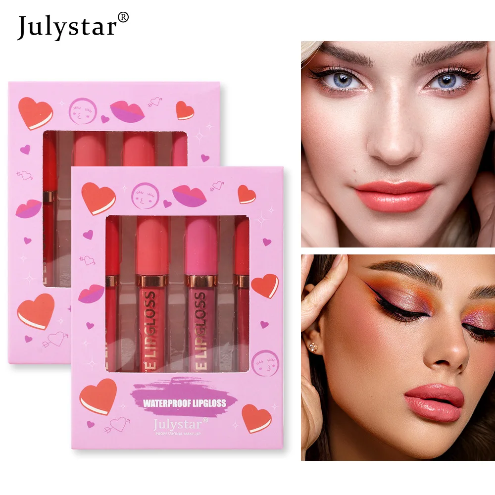 Julystar 4pcs/box Lipstick Set Matte Lip Glaze Multicolor Lip Makeup Women Cosmetic Lasting Non Fading Daily Cosmetics