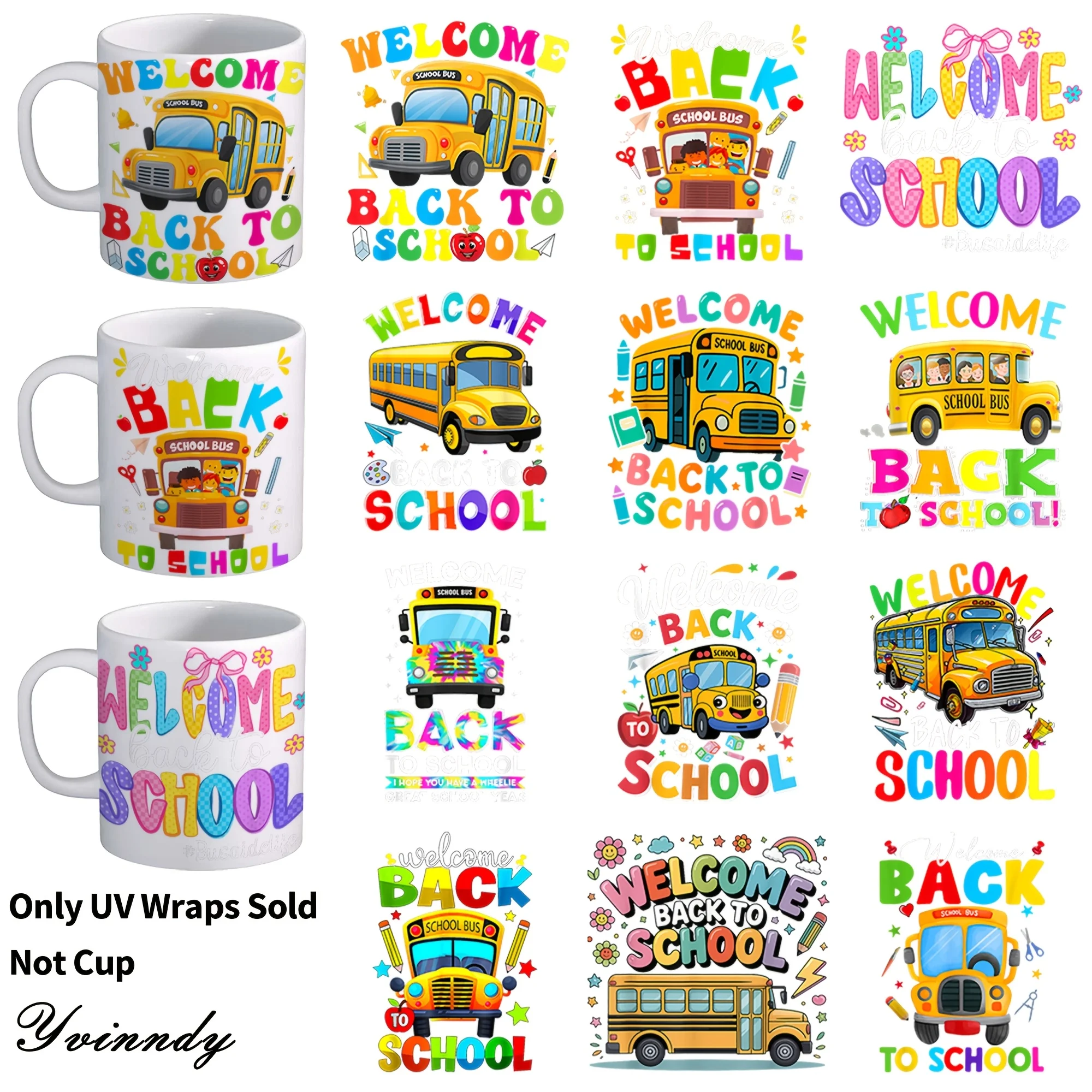 12PCS/SET Back-to-school season school bus theme DIY UV transfer stickers - suitable for DIY crafts mugs laptops