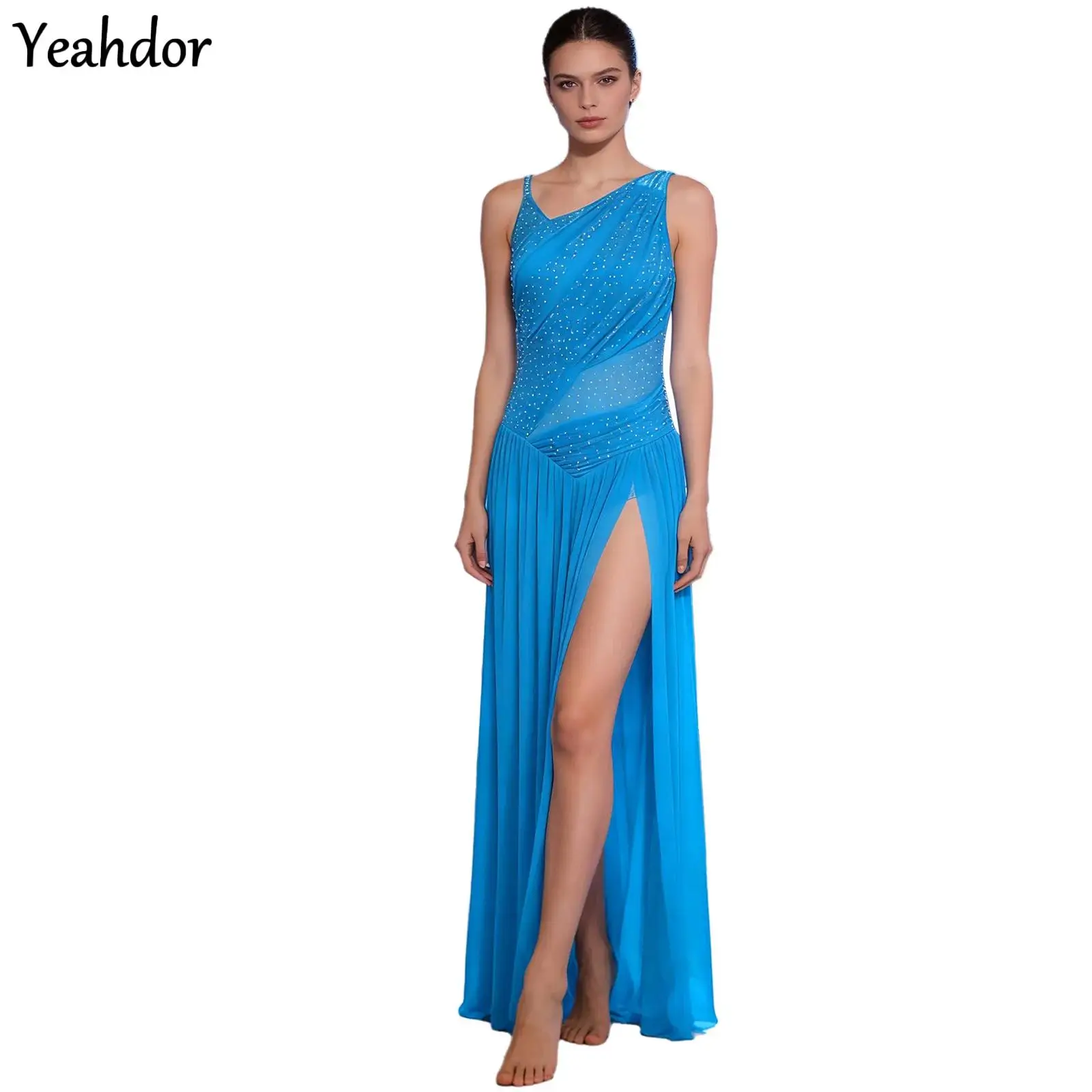 Womens Lyrical Dance Dress Rhinestone Gymnastics Ballet Leotard Backless Mesh Split Maxi Long Dress Modern Contemporary Dancewea