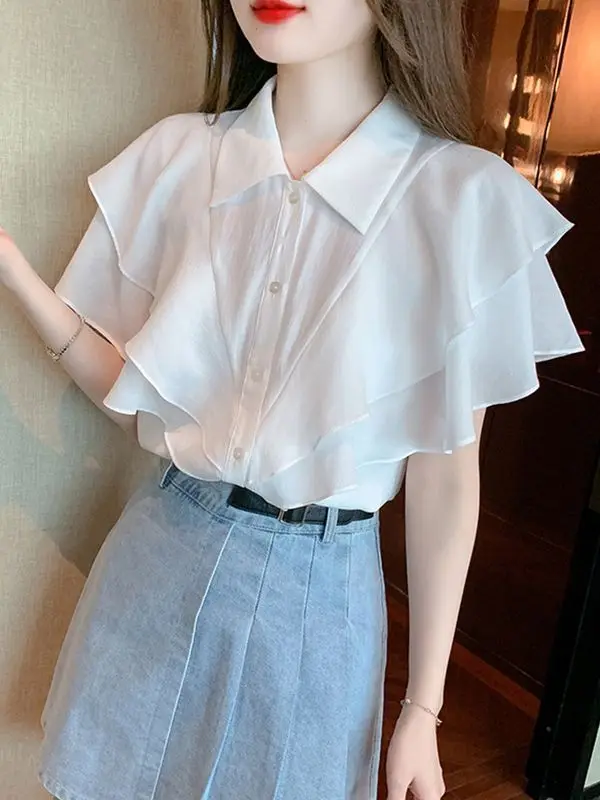 Korean Summer Women\'s POLO Collar 3D Ruffles Single Breasted Batwing Sleeve Simplicity Loose Short Sleeve Chiffon Shirt Tops