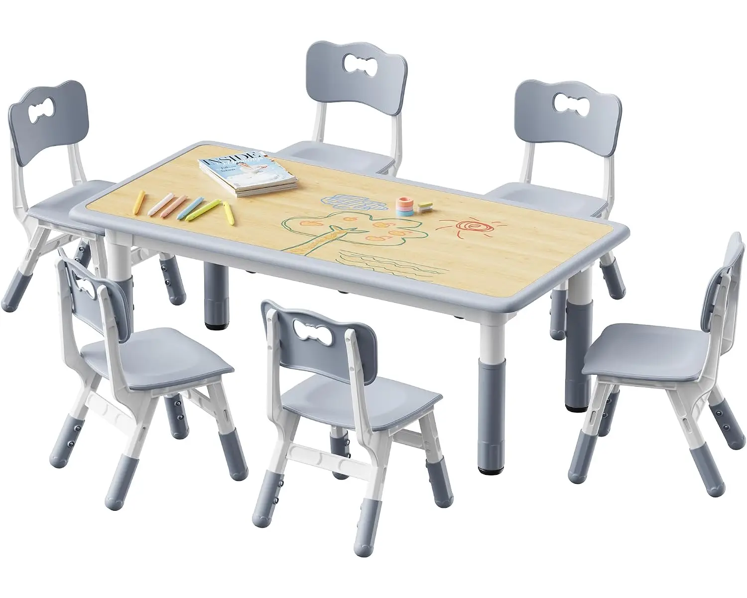 Height Adjustable Kids Table & 6 Chairs, 300 lbs, Non-Toxic , Graffiti Desktop, Classroom Daycare Home, Age 3-8, Customized