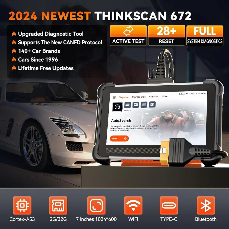 Outil de Diagnostic Automobile Thinkscan TK672, Scanner Bidirectionnel, Système Complet 2024, pour Voiture, OBD2, Noël