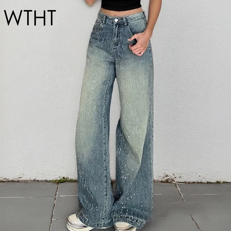 

WTHT Trendy New Women's Heavy Industry Diamonds Loose Straight Jeans 2025 Summer Fashion High Waist Denim Pants Female 1LS2237