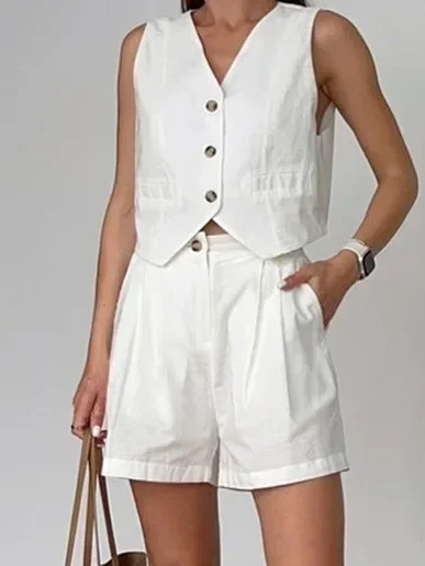 

Blue Cotton Linen Shorts Suits Two Pieces Women Vest Tops And Wide Legs Shorts Vacation Summer 2024 Ladies Outfits