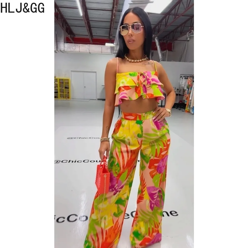 HLJ&GG Fashion Flowers Print Wide Leg Pants 2 Piece Sets Outfits Women Thin Strap Ruffle Crop Tank Tops And Straight Pants Suits